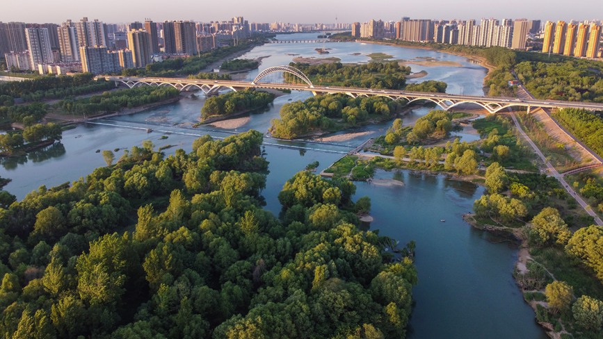 洛陽市洛河西段瀛洲橋附近的濕地公園（無人機照片）。 黃政偉攝 