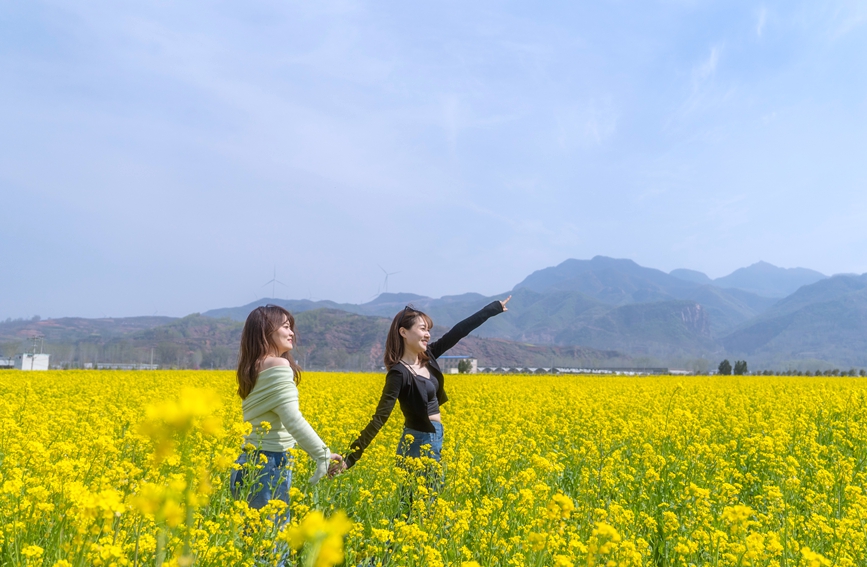 游客前來踏青游玩，盡情感受春天的氣息。康向東攝