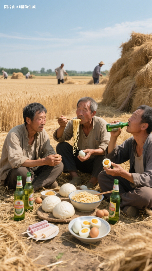AI以前收麦时，农民的午餐有馒头、啤酒、冰棍等场景。侯琳琳AI训练_副本