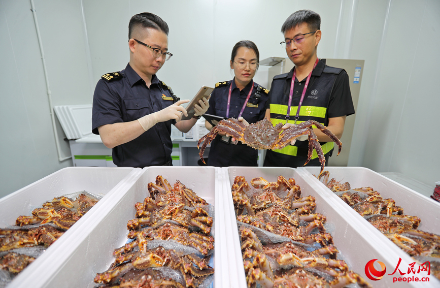 海关工作人员对货物进行查验。人民网 霍亚平摄